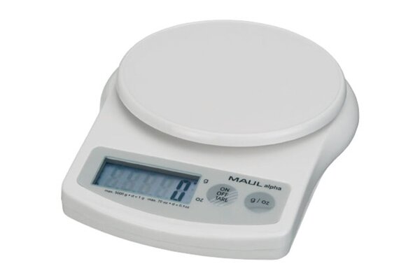 Briefwaage MAULalpha, weiß, Traglast 5000g, Teilung 1g, Wiegefläche Ø 12 cm, 3,6 x 13,7 x 18,8 cm