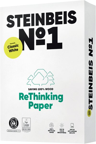 Kopierpapier Steinbeis No. 1 Recycling, DIN A4, 80g/qm, weiß, Weißegrad 55 CIE, Packung à 500 Blatt
