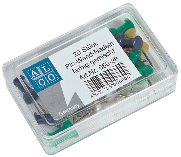 Pinnnadeln, Kopfgröße 9 x 13 mm, schwarz, blau, grün, rot, gelb, weiß, transparent, sortiert, 1 Dose á 20 Stück