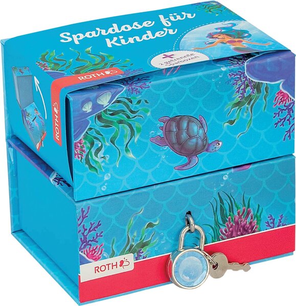 Spardose, Pappe, 2 getrennte Boxen, Meerjungfrau, blau