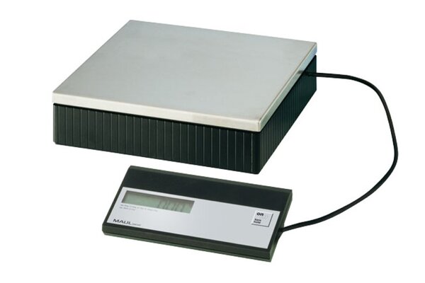 Paketwaage MAULparcel, schwarz, Tragkraft 50kg, Mindestlast 100g, Teilung 50g, separates Bedienpult, Wiegefläche Edelstahl 30 x 30 cm, 5,2 x 10,1 x 21,3 cm