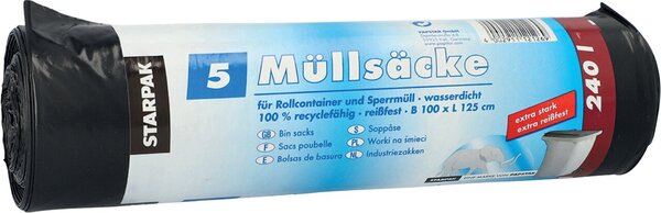 Abfallsäcke, 240 Liter, 60 my, schwarz, LDPE-Folie (recycled), 1000 x 1250 mm, 1 Rolle à 5 Säcke