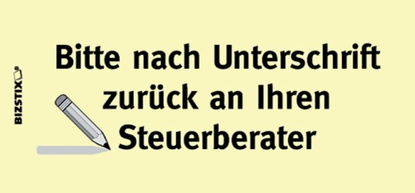 Haftnotizen gelb, 75 x 35 mm, "Bitte nach Unterschrift zurück an Ihren Steuerberater", 100 Blatt pro Block