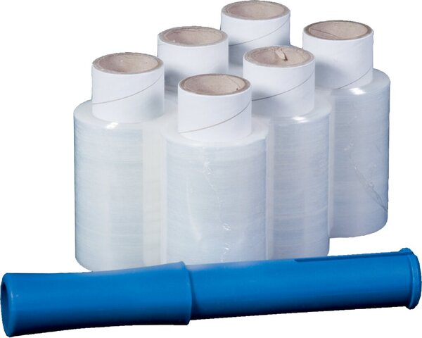 Mini Stretchfolien-Set, 6 Rollen plus 1 Abroller à 100mm x 150m, Stärke: 17 my