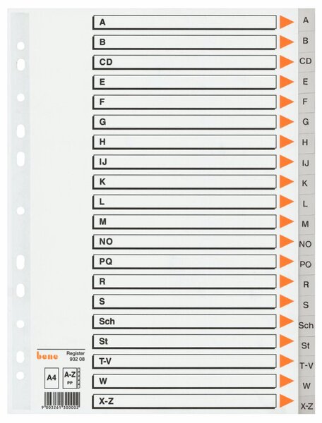 Kunststoffregister, DIN A4, 21-teilig, A-Z, Rasterdruck, 120 my, PP, grau, Universallochung