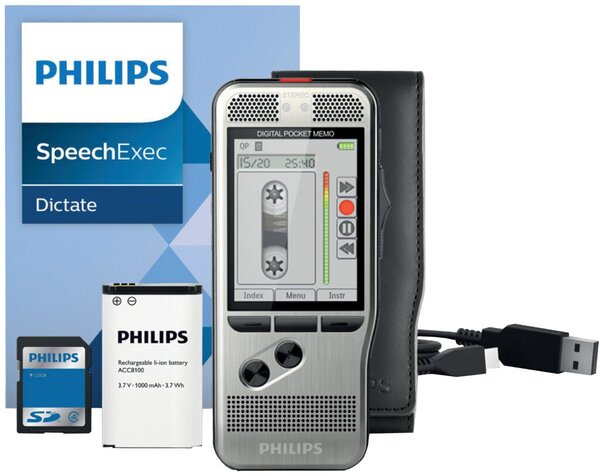 Digitales Diktiergerät Pocket Memo DPM7200/02, 2-Jahres-Lizenz, 4GB SDHC Speicherkarte, wiederaufladbare Batterie (Akku), USB-Kabel, Schutzhülle, SpeechExec Dictate Workflow-Software, Kurzanleitung