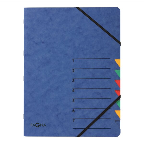 Ordnungsmappe Easy, DIN A4, 7 Fächer, Eckspanner, farbige Tabe, Deckel Liniendruck + 1-7, blau