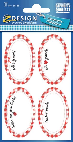 Haushaltsetiketten, kariert mit Schrift, Papier, beschriftbar, ablösbar, oval, 2 Bogen