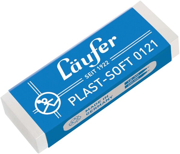Radierer Plast Soft 0121, für Bleistifte/Farbstifte auf Papier, Kunststoffradierer, 65 x 21 x 12 mm, Radierer weiß, Banderole blau