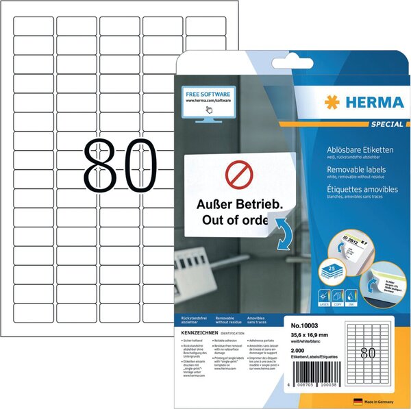 Etiketten, 35,6 x 16,9 mm, weiß, 2.000 Etiketten, ablösbar, 25 Blatt