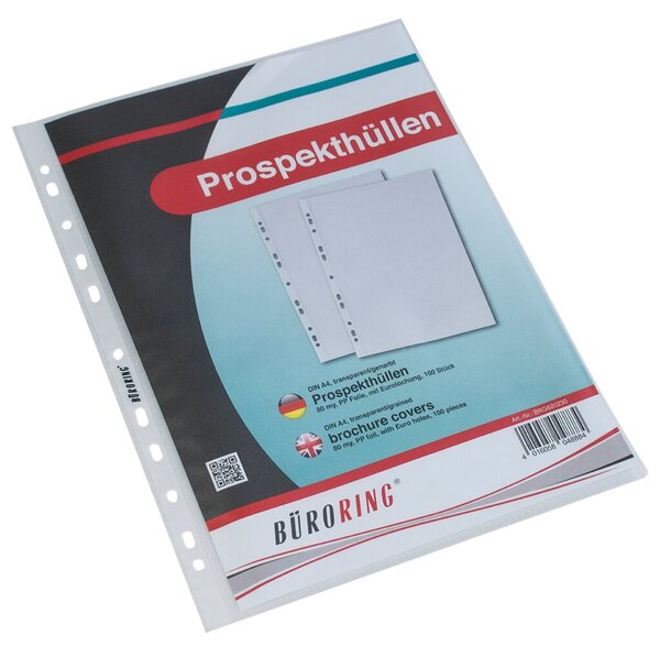 Prospekthülle, DIN A4, farblos, PP-Folie, 80 my, Oberfläche genarbt, oben offen, Eurolochung, 100 Hüllen