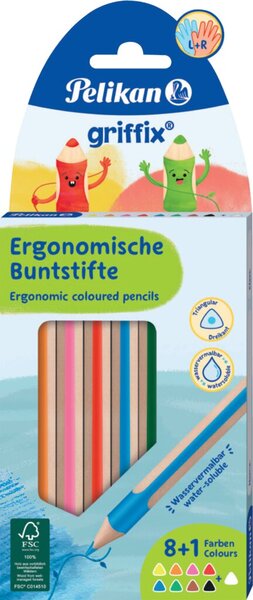 Buntstift griffix, Rechtshänder/Linkshänder, Minenstärke 4 mm, Härtegrad weich, Schaftform Dreikant, Inhalt 8+1 Stück, 9 Stück, Kartonetui, sortiert
