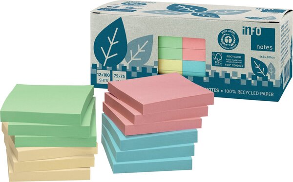 Haftnotiz, Recycling, 75 x 75 mm, gelb, rosa, hellblau, hellgrün, 100 Blatt/Block, 12 Blöcke, Kartonverpackung