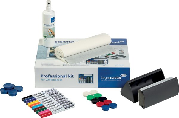 Whiteboard Zubehör-Set Professional, 10 Boardmarker, 1 Markerhalter, Kombination aus Tafelwischer und Ablageschale, 50 Ersatztücher für Tafelwischer, 1 Tafelreiniger 125ml, 10 Magnete, Ø 30 mm