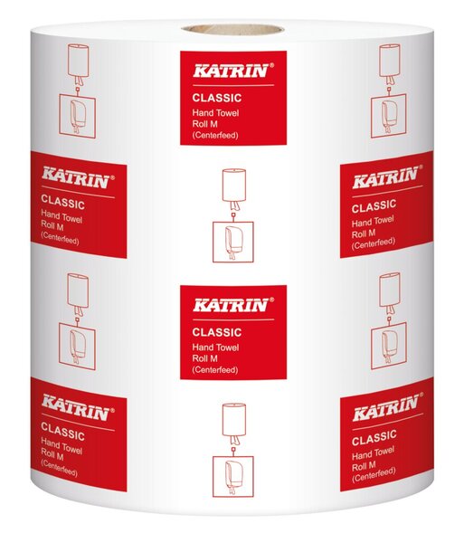 Handtuchrolle Katrin Centerfeed M, 2-lagig, weiß, perforiert, 20,5 cm x 150 m, 6 Rollen à 500 Blatt, Blattgröße 20,5 x 30 cm