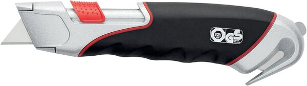 Cutter Safety Super, Trapezklinge, vollautomatischer Klingenrückzug, Rechtshänder/Linkshänder, Stahlgehäuse, gummierte Griffzone, inklusive Folienschneider, schwarz/silber