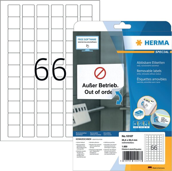 Etiketten, 25,4 x 25,4 mm, weiß, 1.650 Etiketten, ablösbar, 25 Blatt
