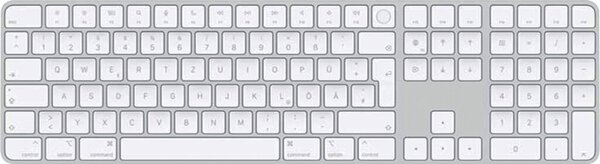 Tastatur Magic Keyboard mit Touch ID und Ziffernblock, flach, kabellos, Bluetooth, Multimediatasten, Lightning Anschluss, silber/weiß