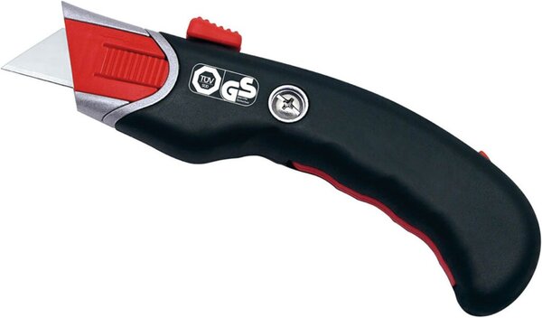 Cutter Safety Premium, Trapezklinge, automatischer Klingenrückzug Rechtshänder/Linkshänder, Aluminiumgehäuse, gummierte Griffzone, inkl. 5 Ersatzklingen, schwarz/rot
