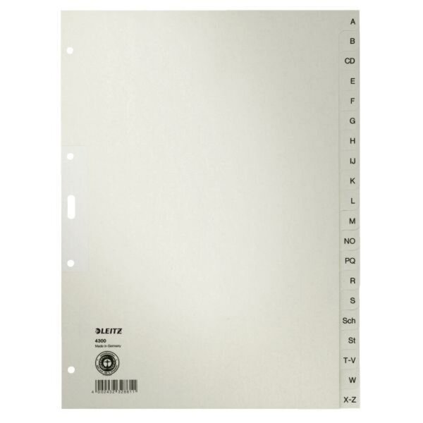 Papierregister, DIN A4, 20-teilig, A-Z, 100g/qm, Tauenpapier, grau, 4-fach Lochung