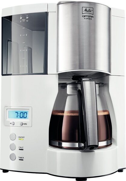 Kaffeemaschine Oprima Timer, Glaskanne für 8-12 Tassen, Timer Funktion, LED-Anzeige, 850 W, Schwenkfilter, Auto-off-Funktion, abnehmbarer Wassertank, integrietes Kabelfach, Entkalkungsprogramm inkl. Entkalkungsanzeige, weiß - edelstahl