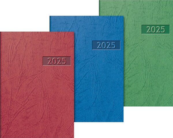 Taschenkalender 712, 7 x 10 cm, 1 Woche/2 Seiten, 128 Seiten, Jahresübersicht Vorjahr, aktuelles - und Folgejahr, mit Eckperforation, farblich sortiert (rot, blau, grün)