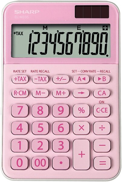 Tischrechner SH-ELM335BRD, 10-stelliges Display, 3-Tasten Speicher, Währungsumrechnung, Steuerberechnung (TAX+/-), 00 Taste, automatische Punktierung, Prozentrechnung, Vorzeichenwechsel, Korrekturtaste, Solar und Batterie, autom. Ausschaltung, pink