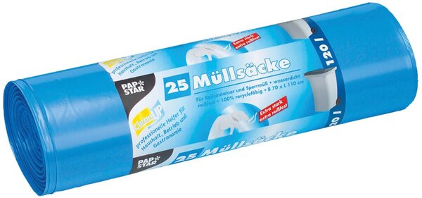 Abfallsäcke, 120 Liter, 60 my, blau, LDPE-Folie (recycled), 700 x 1100 mm, 1 Rolle à 25 Säcke