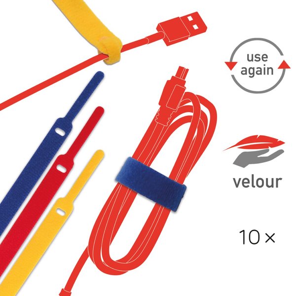 Klettbinder Basic, 17 cm, doppelseitiger Kabelbinder, mit Fixierungs-Schlaufe, 10er Pack., sortiert, 4 x rot, 3 x blau, 3 x gelb