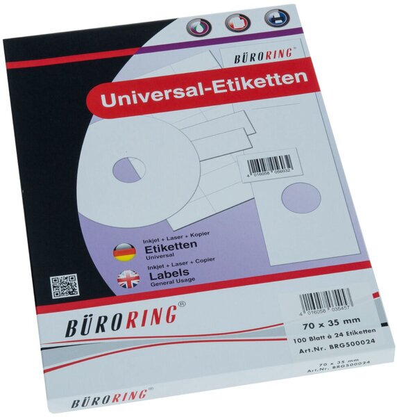 Etiketten, 70 x 35 mm, weiß, 2.400 Etiketten, lösungsmittelfrei, Inkjet-, Laserdrucker, Kopierer, 100 Blatt