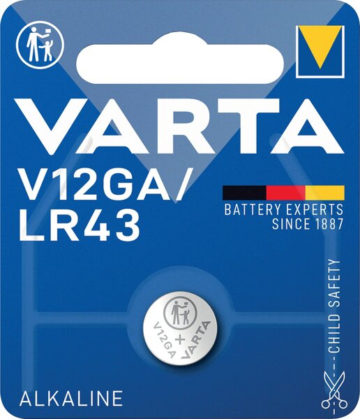 Knopfzelle, Alkaline, LR43, V12GA, 1,5V, 80mAh, 1er Blister