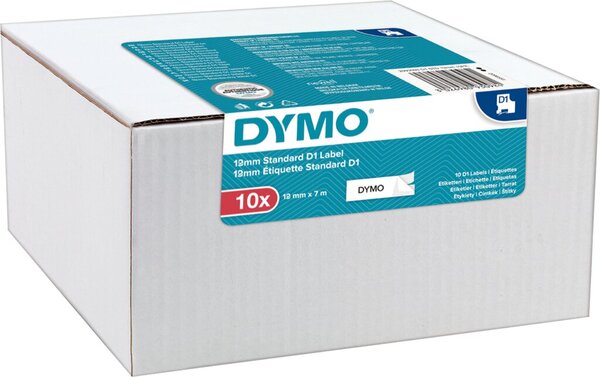 Schriftbandkassette, D1, 12 mm breit / 7 m lang, schwarz auf weiß, ablösbar, 10er Packung