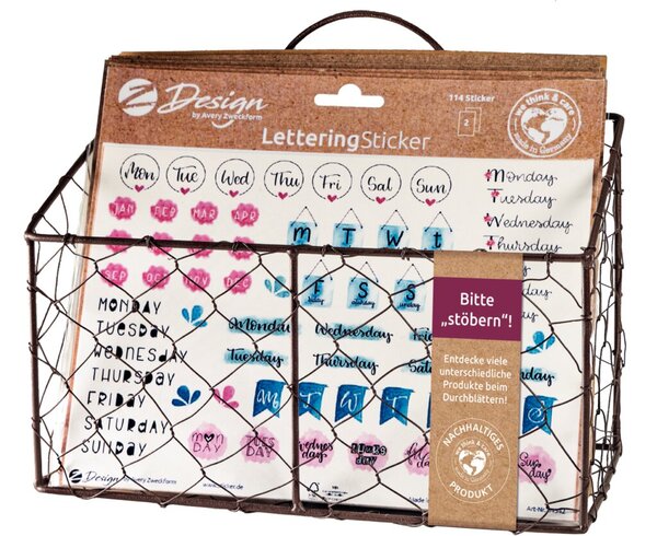Lettering Trend Sticker DIN A5, 60 Bogen sortiert plus Metallkorb. Inhalt: 6 verschiedene Motive, je 10 Packungen