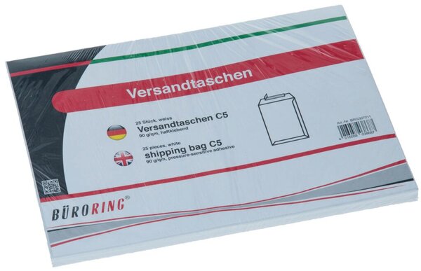 Versandtasche DIN C5, ohne Fenster, haftklebend, 90g/qm, weiß, 25 Stück