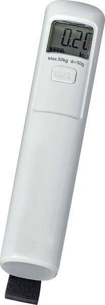 Gepäckwaage MAULtrek, weiß, Tragkraft 50kg, Teilung 50g, keine Batterie nötig, Aufladung erfolgt durch Schütteln, 2,8 x 3,4 x 14,7 cm