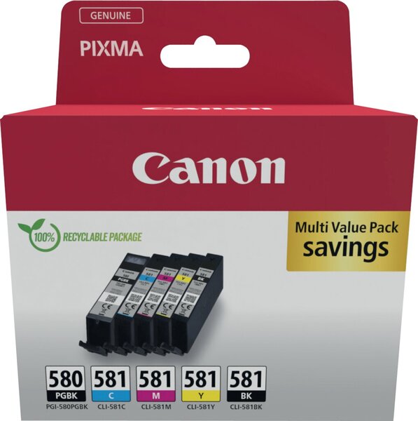 Multipack Tintenpatrone PGI-580 / CLI581, für Canon Drucker, 1 x 11,2 ml, 4 x 5,6 ml, BK/C/M/Y